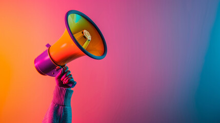 A megaphone held aloft by an unseen force amidst a dynamic gradient background, hinting at the potential for change and action in an unseen narrative.