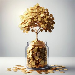 Wealth growth: golden coin tree in a glass jar
