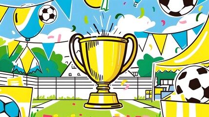 Minimalist of Trophy Cup Surrounded by Soccer Balls and Festive Confetti
