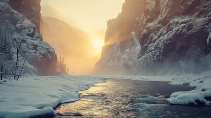 Naklejka premium Majestic landscape of rugged lands valley in winter with snow.
