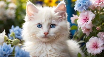 adorable white, fluffy Ragdoll or Turkish Angora kitten. Lovely blue-eyed cat on a sunny day. background including flowers and a pet.