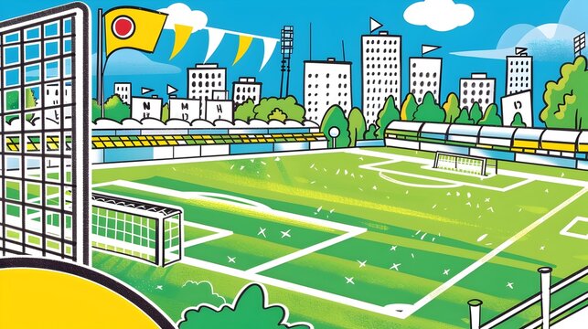Minimalist of Soccer Tournament Field with City Skyline