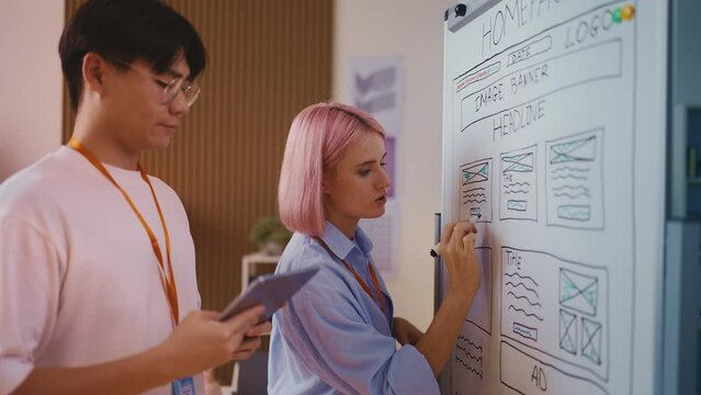 Web developers working on a new website design, brainstorming near whiteboard