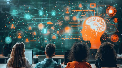 Obraz premium group of diverse students sitting in a classroom, looking at a large screen with a glowing orange brain and a circuit board with binary code.