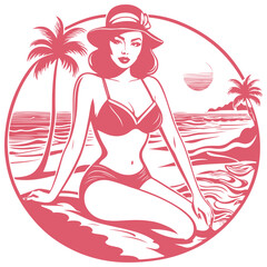Beautiful woman in a swimsuit on the background of a beach with palm trees, vector illustration	