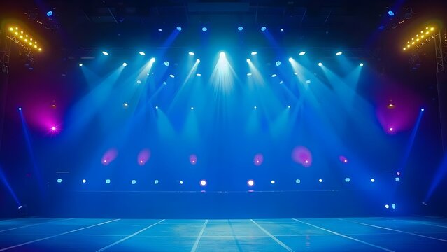 Empty stage with blue spotlights for an online event entertainment background . Concept Online Event, Entertainment Background, Blue Spotlights, Empty Stage, Visual Appeal