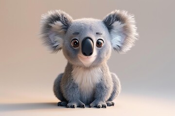 Photo of the cutest koala you've ever seen. It's sitting down and looking at you with its big, round eyes. Its fur is soft and fluffy.