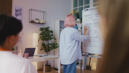 Woman IT school teacher explaining web design creation to students in class