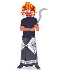 A man wearing a Sri Lankan traditional Devil Mask. (Yaka mask) Illustration isolated on transparent PNG background.