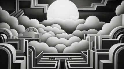 A black and white art deco cityscape with clouds.