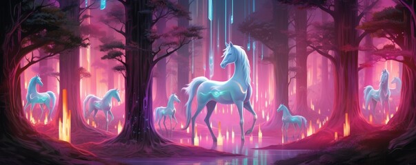 A herd of glowing horses in an enchanted forest with a purple sky.