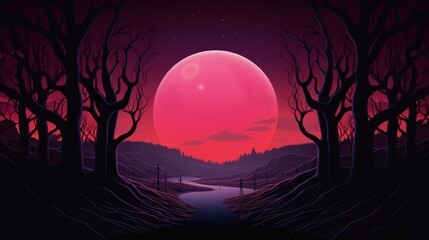 A large pink moon rises over a dark forest.