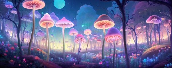 A mystical forest with giant glowing mushrooms and a starry night sky.