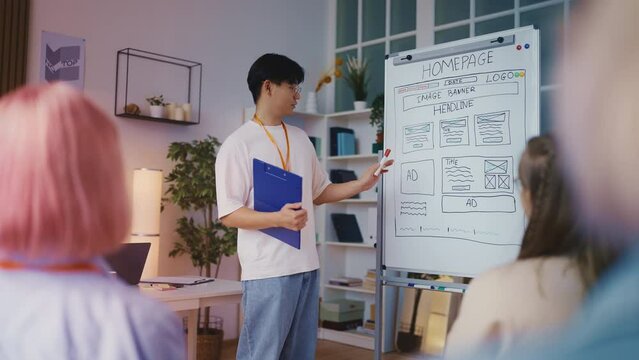 Asian man IT school tutor reading a lecture near whiteboard, web design course
