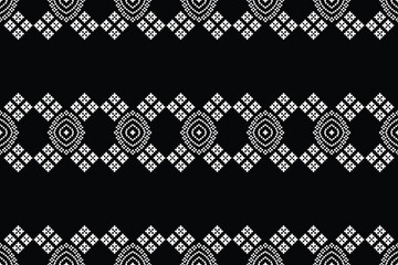 Traditional black ethnic motifs ikat geometric fabric pattern cross stitch.Ikat embroidery Ethnic oriental Pixel black background.Abstract,vector,illustration. Texture,decoration,wallpaper.