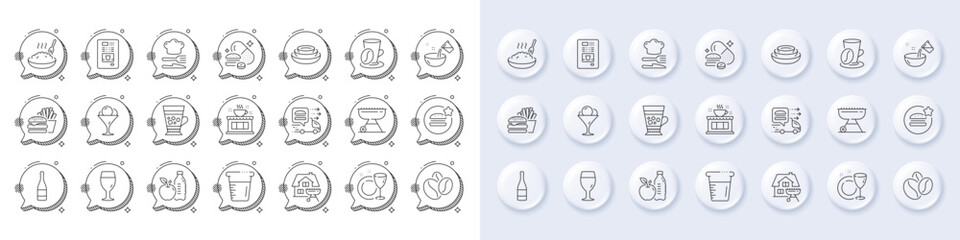 Beer glass, Best food and Grill line icons. White pin 3d buttons, chat bubbles icons. Pack of Coffee vending, Dish plate, Food icon. Coffee shop, Cooking water, Overeating pills pictogram. Vector