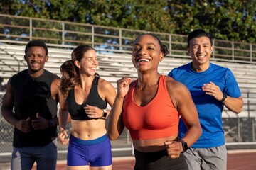 Friends jogging together, group of runners