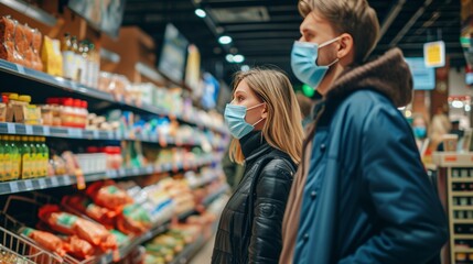 Obraz premium People with face mask shopping in a grocery store with fresh produce.