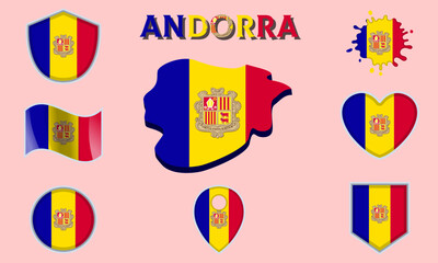 Collection of flat national flags of Andorra with map