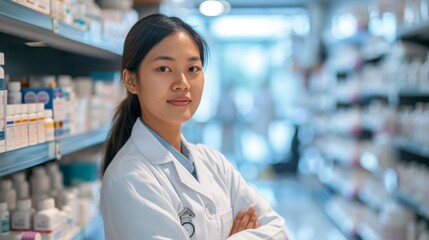 Portrait of an asian female smiling pharmacist in a drug store