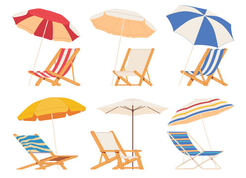 Beach chair lounger with umbrella. Summer vacation by the sea. Warm summer sunny days on vacation. Vector illustration