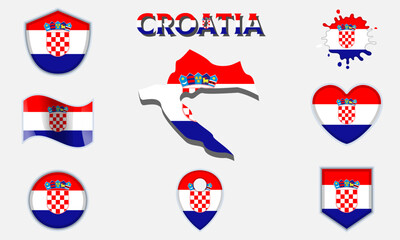 Collection of flat national flags of Croatia with map