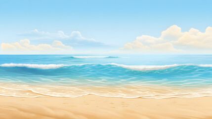 Golden Sands, Clear Waters, Blue Skies. Realistic Beach Landscape. Vector Background