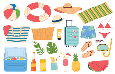 Set of summer elements for vacation on the beach. Beach vacation accessories for her. Comfortable rest on a sunny beach. Vector illustration