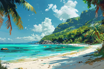 beautiful tropical island landscape with sandy white beach and palm trees in illustration style