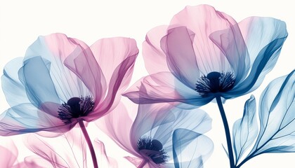 Art background with transparent x-ray flowers. Blooming flowers. Beautiful floral backdrop. Illustration for cover, card, postcard, interior design, packaging, invitations or print.