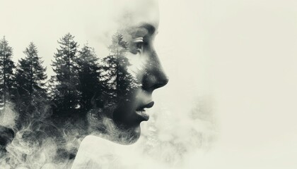 Double exposure combines face and forest. The concept of the unity of nature and man. The vitality of the human soul in nature illustration. Illustration for cover, card, interior design, poster, etc