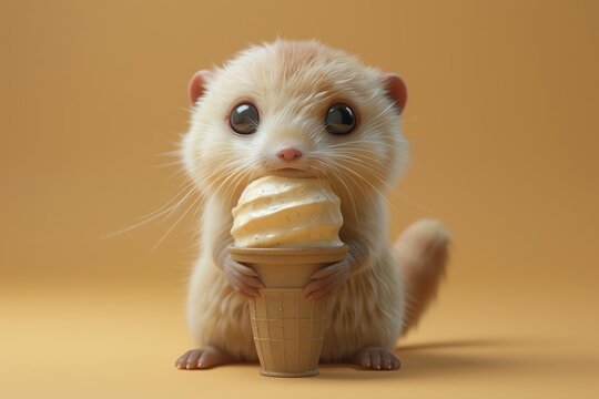 Photo of an adorable baby otter eating an ice cream cone