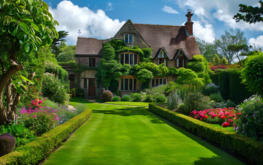 House with English style Garden with hedges. Large open green lawn for parties