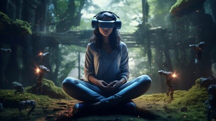 A female is meditating in a virtual fantasy world when wearing VR headset.