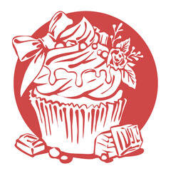 Sweet tasty dessert cupcake with cream and deco for morning breakfast in café or restaurant. Mini birthday cake for pleasure. Hand drawn colorful retro vintage illustration. Old style drawing.