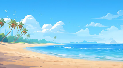 Beachfront Paradise, Sandy Shore, Clear Skies. Realistic Beach Landscape. Vector Background