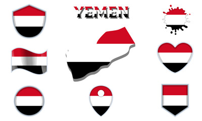 Collection of flat national flags of Yemen with map