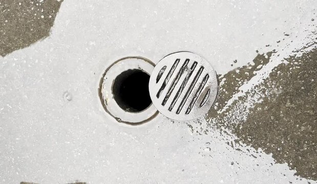 Rain water puddle flood flowing into small round outdoor street metal drain gutter sewage water way with opened lid isolated footage on horizontal ratio background.