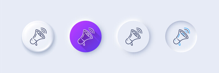 Megaphone line icon. Neumorphic, Purple gradient, 3d pin buttons. Offer loudspeaker sign. Sale promotion symbol. Line icons. Neumorphic buttons with outline signs. Vector