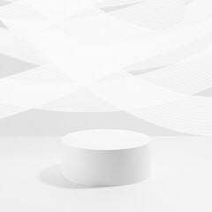 One round white pedestal mockup for cosmetic products, curved striped neon light lines on white background. Scene for presentation skin care products, gifts, advertising, design in elegant style.