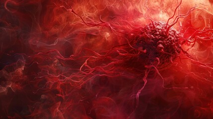 Cancer Cell Engulfed in Crimson Swirls A Striking D Rendered Microscopic View Influenced by