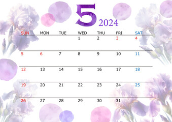 水彩タッチの菖蒲のイラストと5月のカレンダー