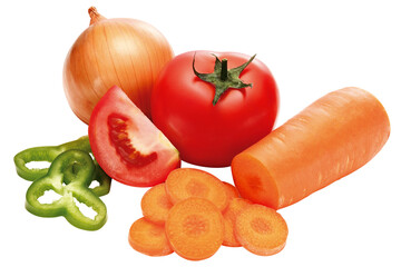 Fototapeta premium composição de cebola, cenoura, tomate e pimentão isolado em fundo transparente - mix de legumes recortados