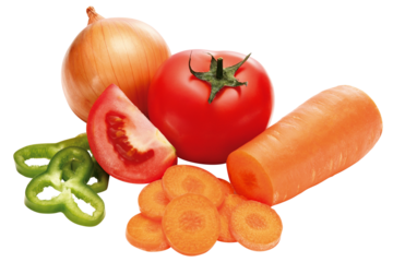 composição de cebola, cenoura, tomate e pimentão isolado em fundo transparente - mix de legumes recortados