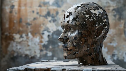 A adult male human head look at side view in the contemplation that has been created from the...