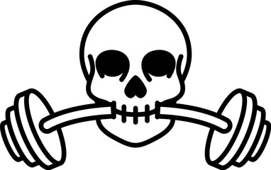 Illustration of skull with barbell in teeth in monochrome style. Design element for logo, sign, emblem. Vector illustration