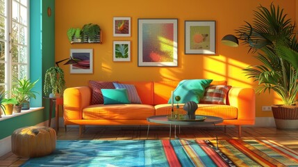 Eclectic Living Room Color Palette: A 3D illustration featuring an eclectic living room with a vibrant color palette