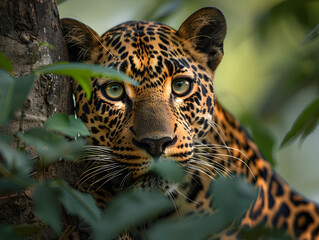 A leopard is resting on a tree branch, The background is a blur of green.