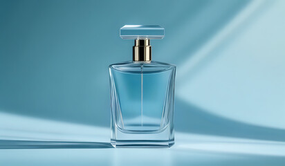 a bottle of clear blue perfume sitting next to a blue flower