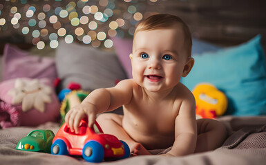 Radiant Caucasian Baby Playing Happily with Colorful Toys at Home